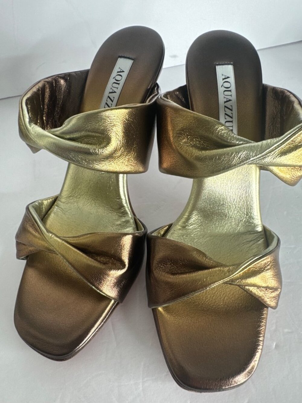 NIB Aquazzura Twist Sandal 95 in Gold Chocolate Flared Heel Size EU 37 - Picture 7 of 10